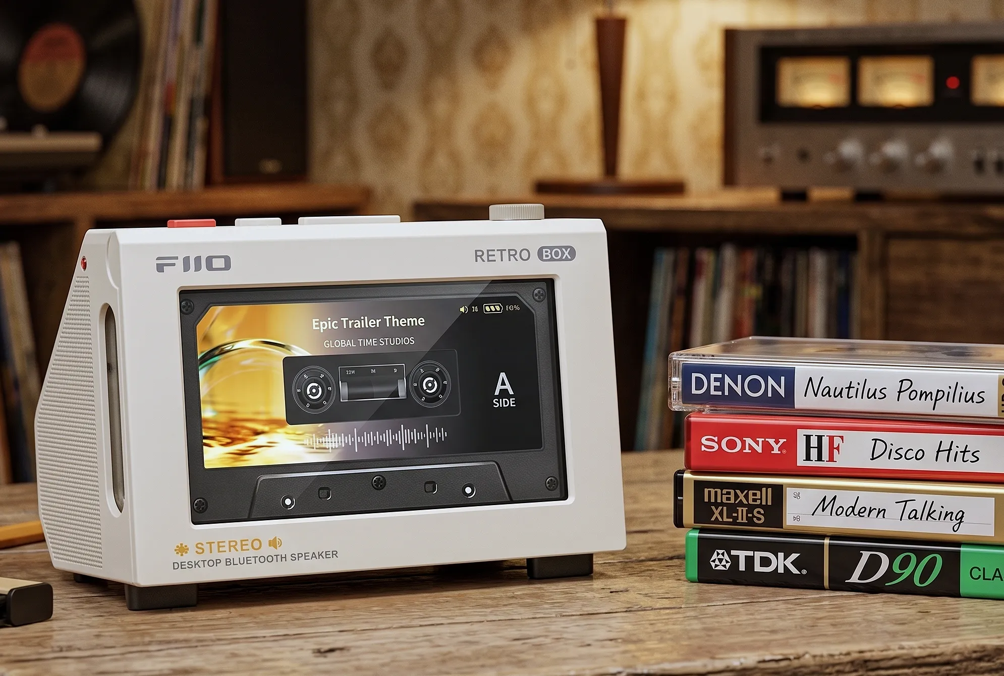 Белая док-станция FiiO Retro Box с плеером FiiO M21 на деревянном столе рядом со стопкой аудиокассет.
