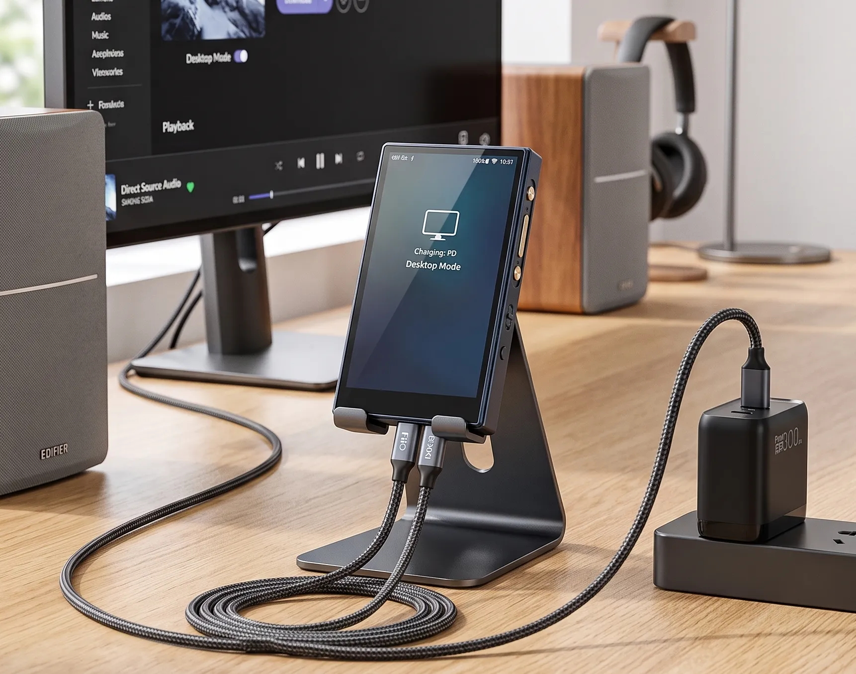 Плеер FiiO M21 на подставке: экран с Desktop Mode, снизу подключены кабели к блоку питания PD 3.0.