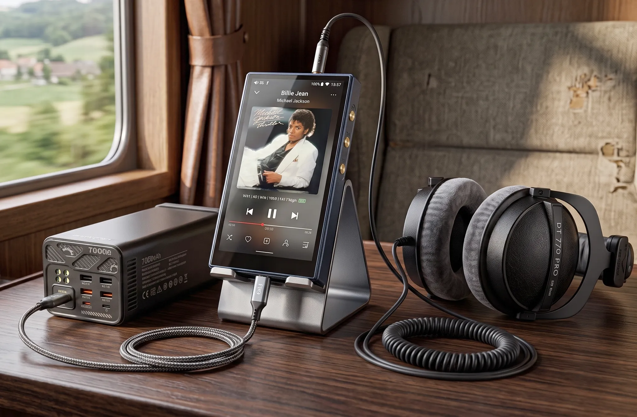 Плеер FiiO M21 на подставке: подключен к внешнему PowerBank, воспроизводит трек, рядом наушники Beyerdynamic DT 770 PRO.