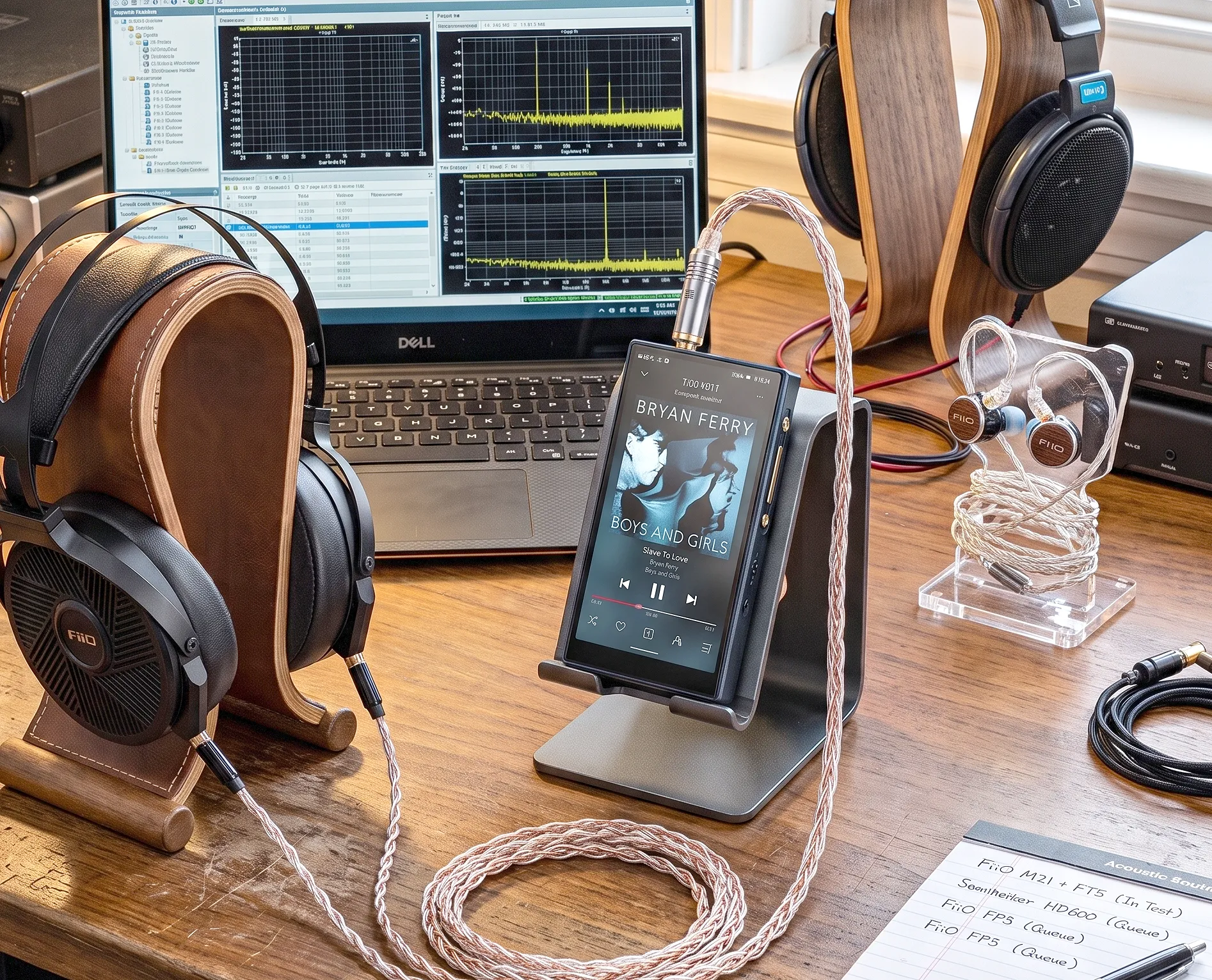Тест плеера FiiO M21 на подставке: подключены планарные наушники FiiO FT5, рядом Sennheiser HD600, FiiO FP3 и ноутбук.