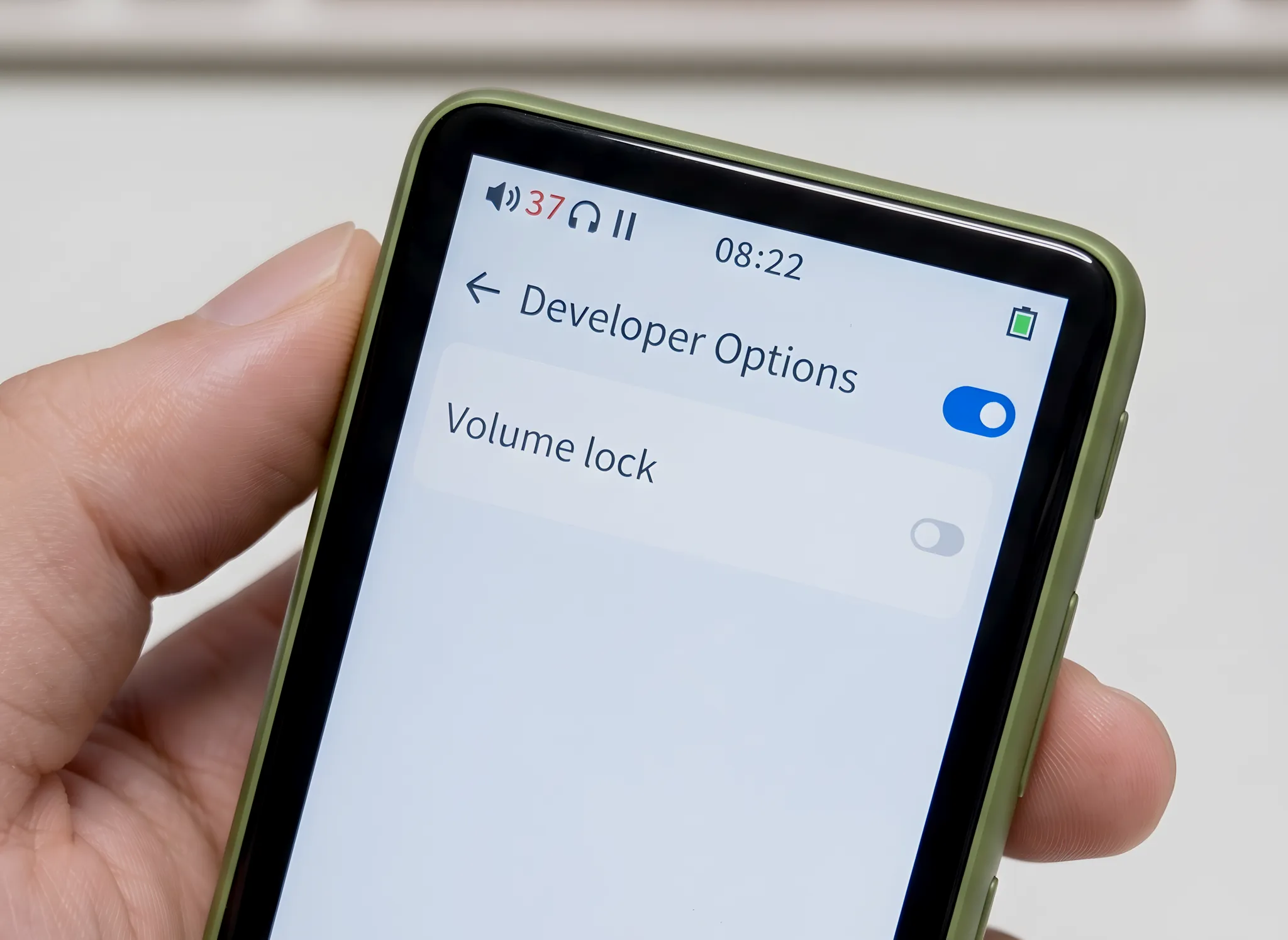 Экран плеера HiBy R1: открыто скрытое меню Developer Options с тумблером отключения Volume Lock.