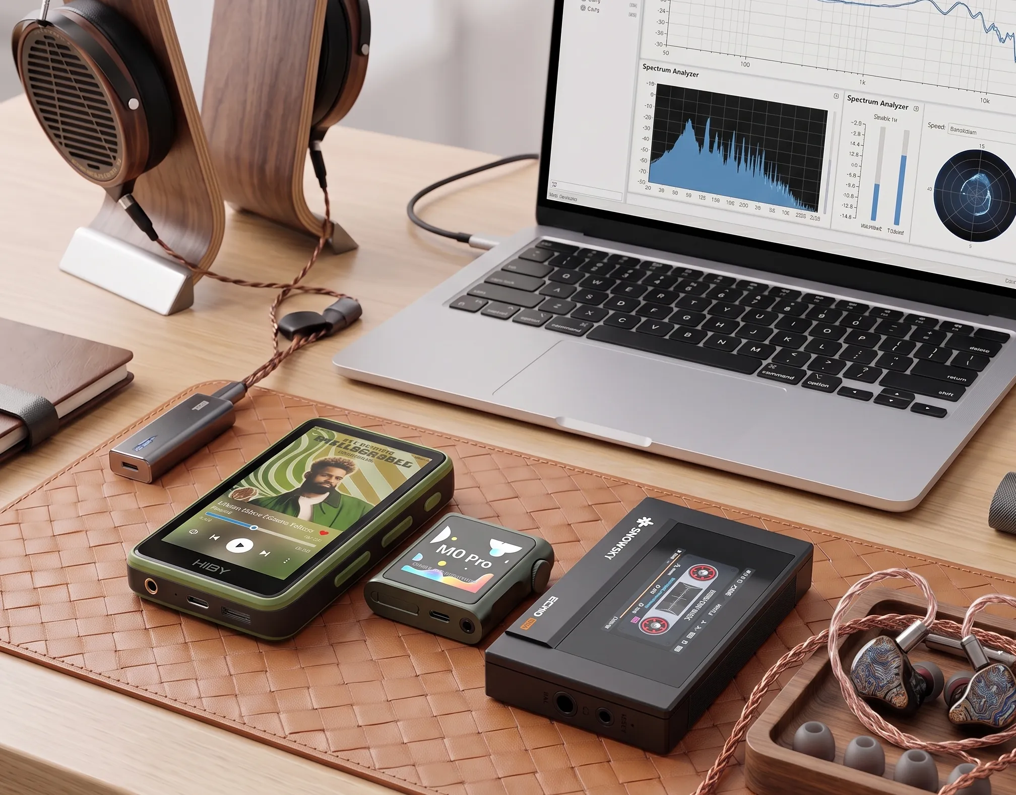Сравнение аудиоплееров HiBy R1, Shanling M0 Pro и Snowsky ECHO Mini на рабочем столе рядом с ноутбуком и наушниками.