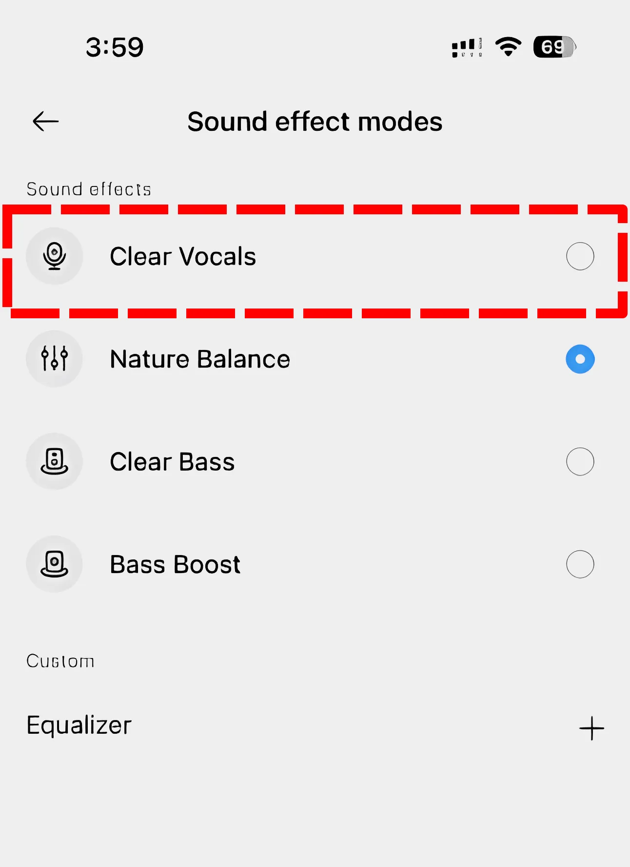 Скриншот приложения Realme Link для включения пресета Clear Vocals