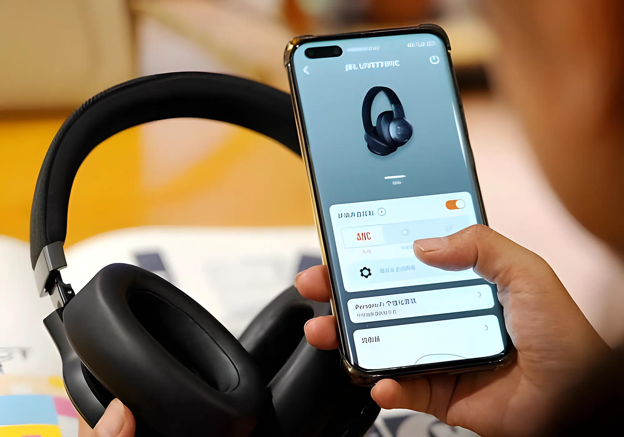 Приложение JBL Headphones для JBL Live 770NC: смартфон с меню настроек на фоне наушников.
