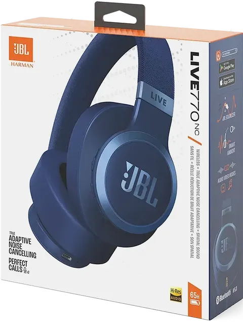 Коробка JBL Live 770NC с изображением наушников, ключевыми функциями и логотипами платформ.