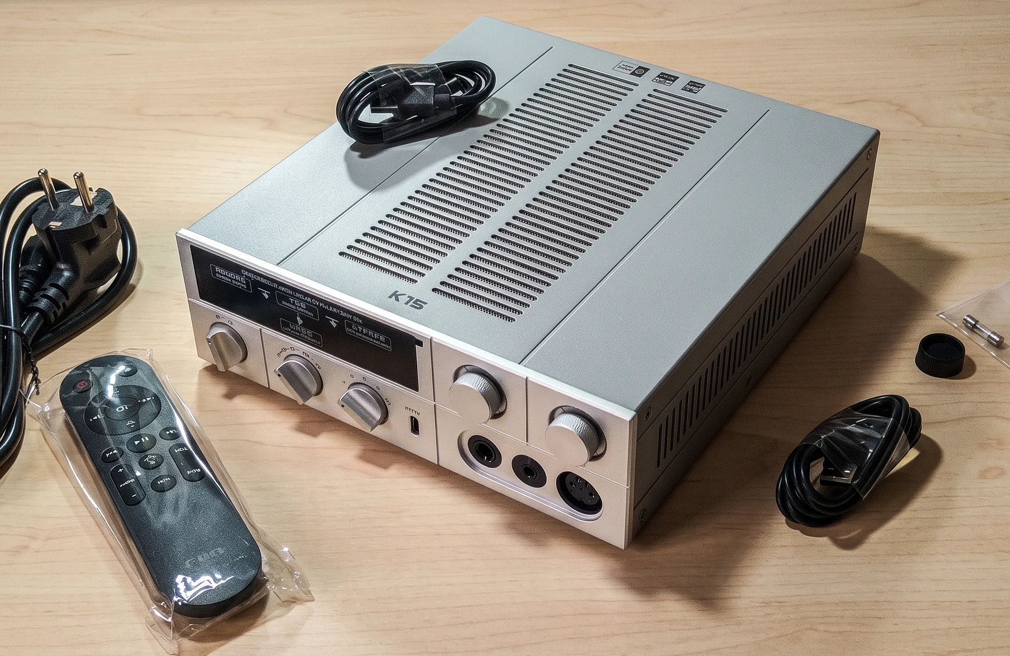 Комплект поставки ЦАП-усилителя FiiO K15: пульт ДУ в упаковке, кабели питания, соединительные провода и аксессуары.