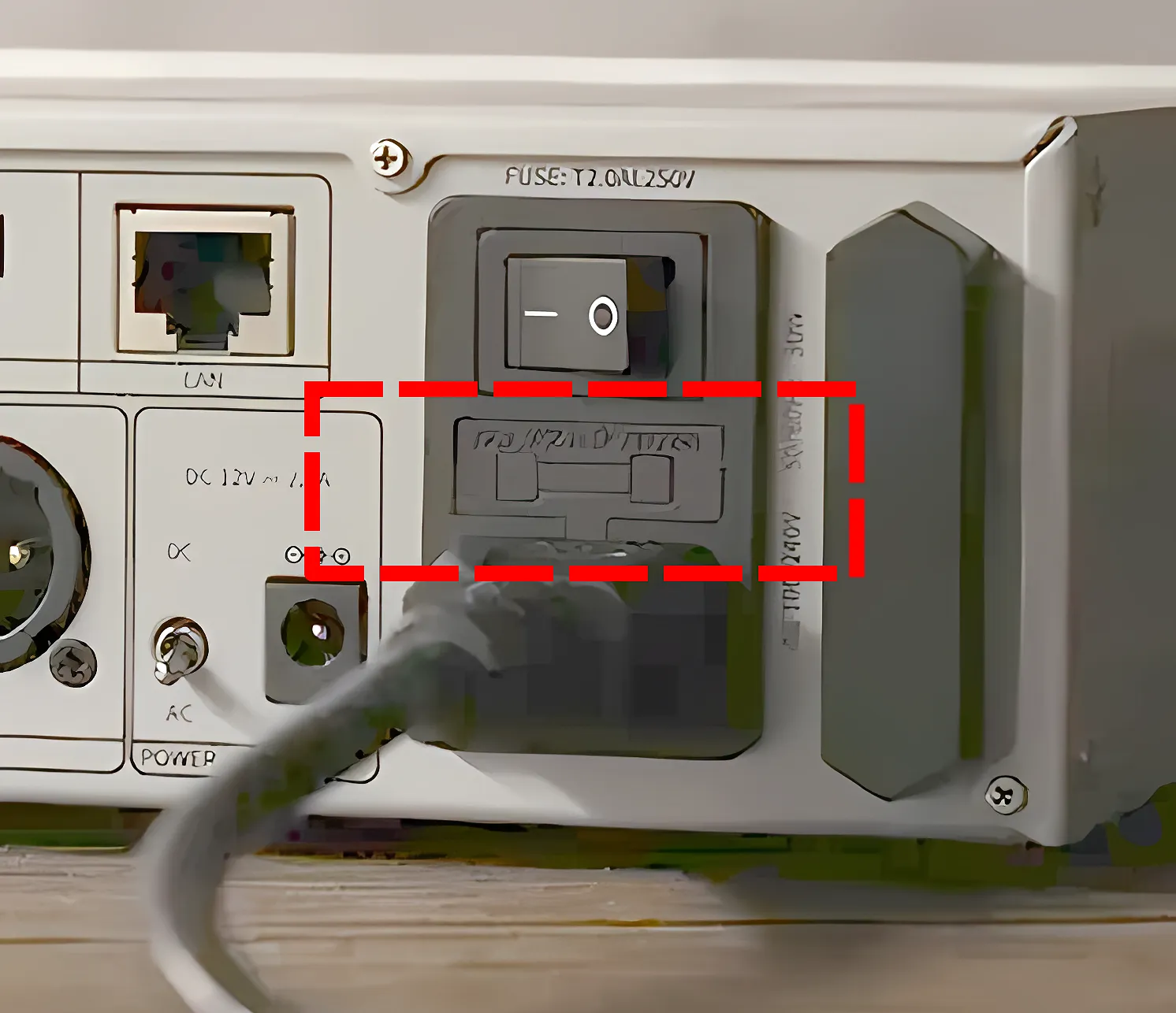 Задняя панель ЦАП-усилителя FiiO K15: выделенный красным контуром отсек сетевого плавкого предохранителя.