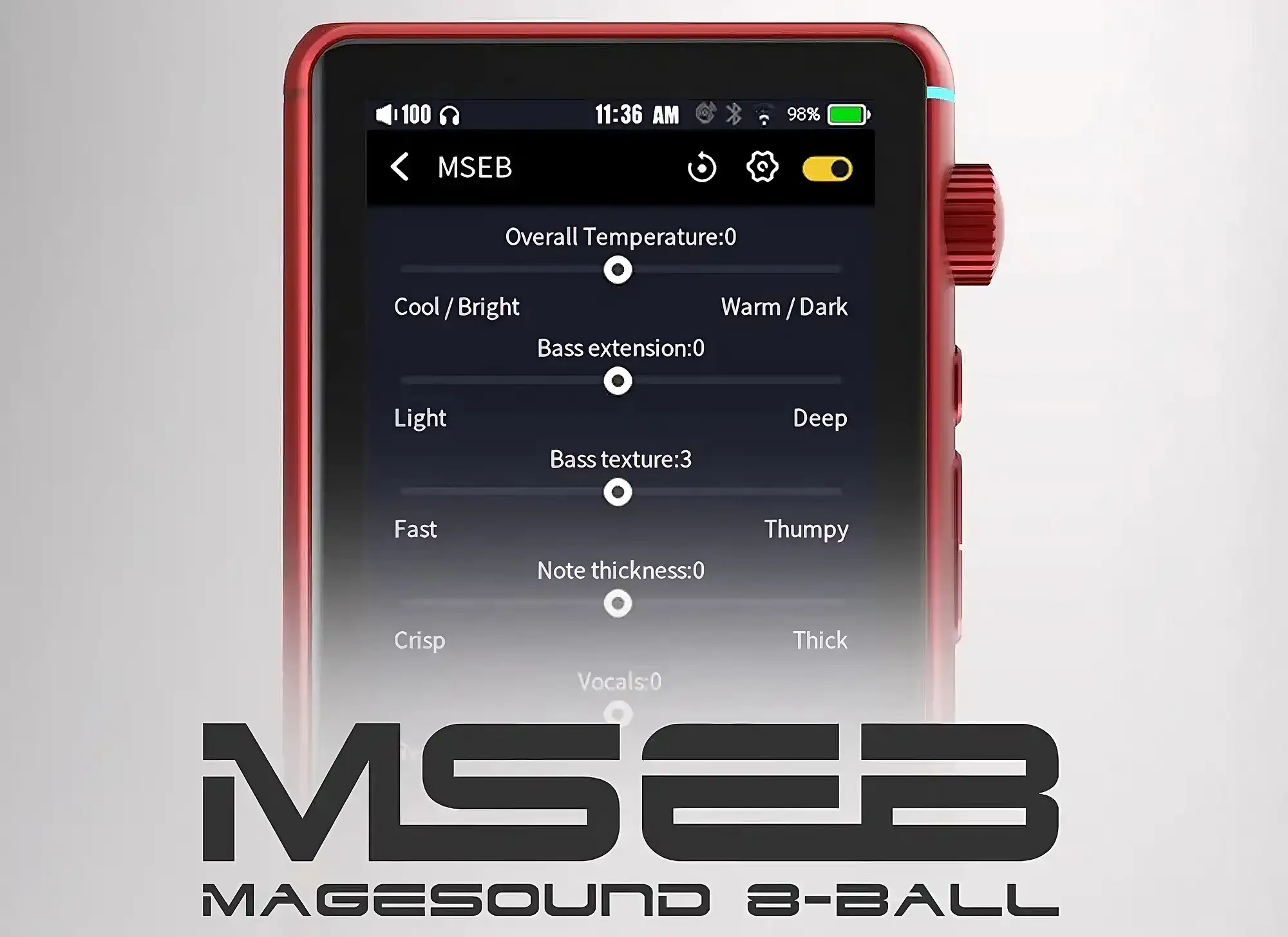 HiBy R3 II с меню MSEB на экране: настройки тембра, баса и логотип MageSound 8-Ball.