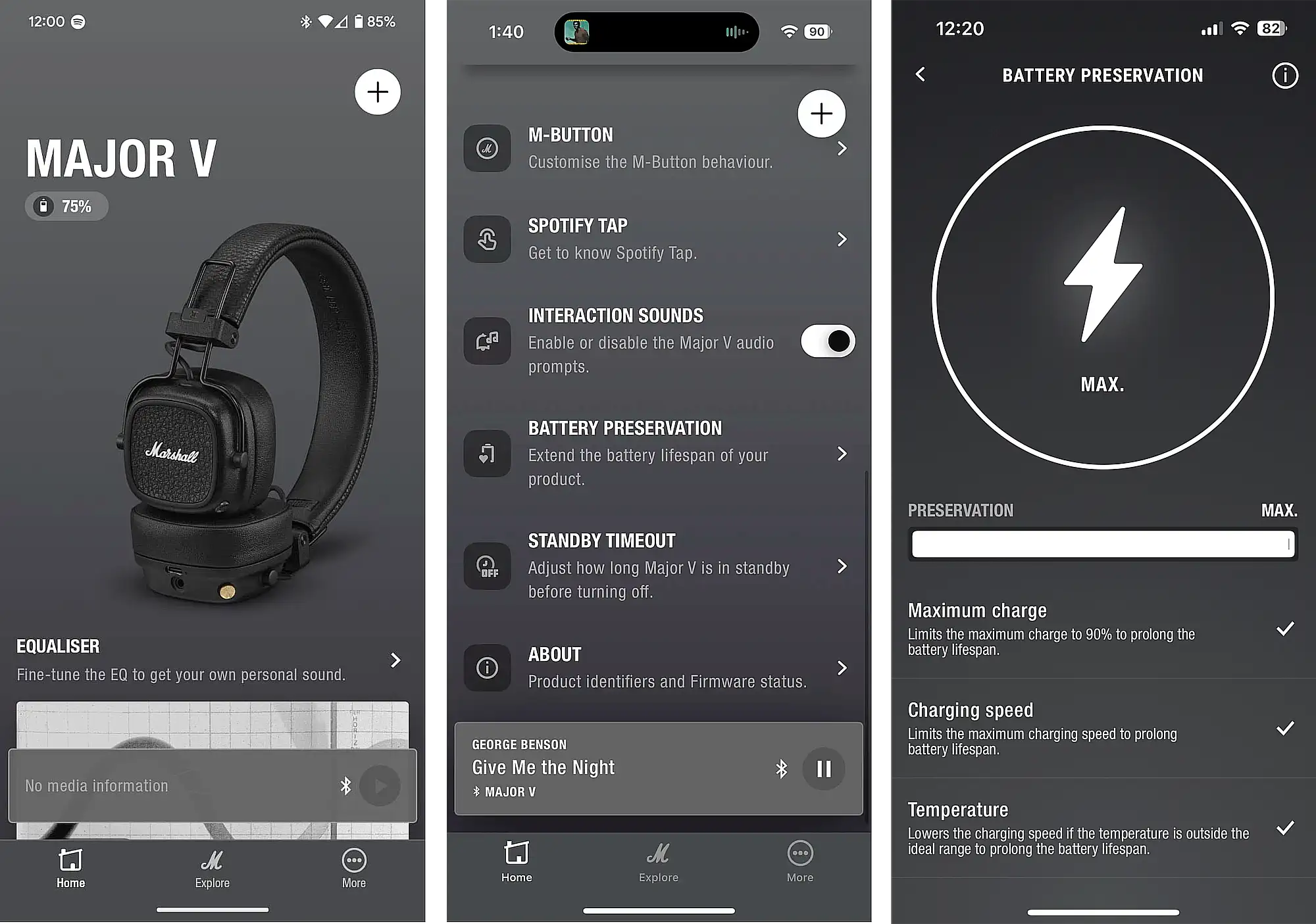 Marshall Major V скриншоты фирменного приложения Marshall Bluetooth