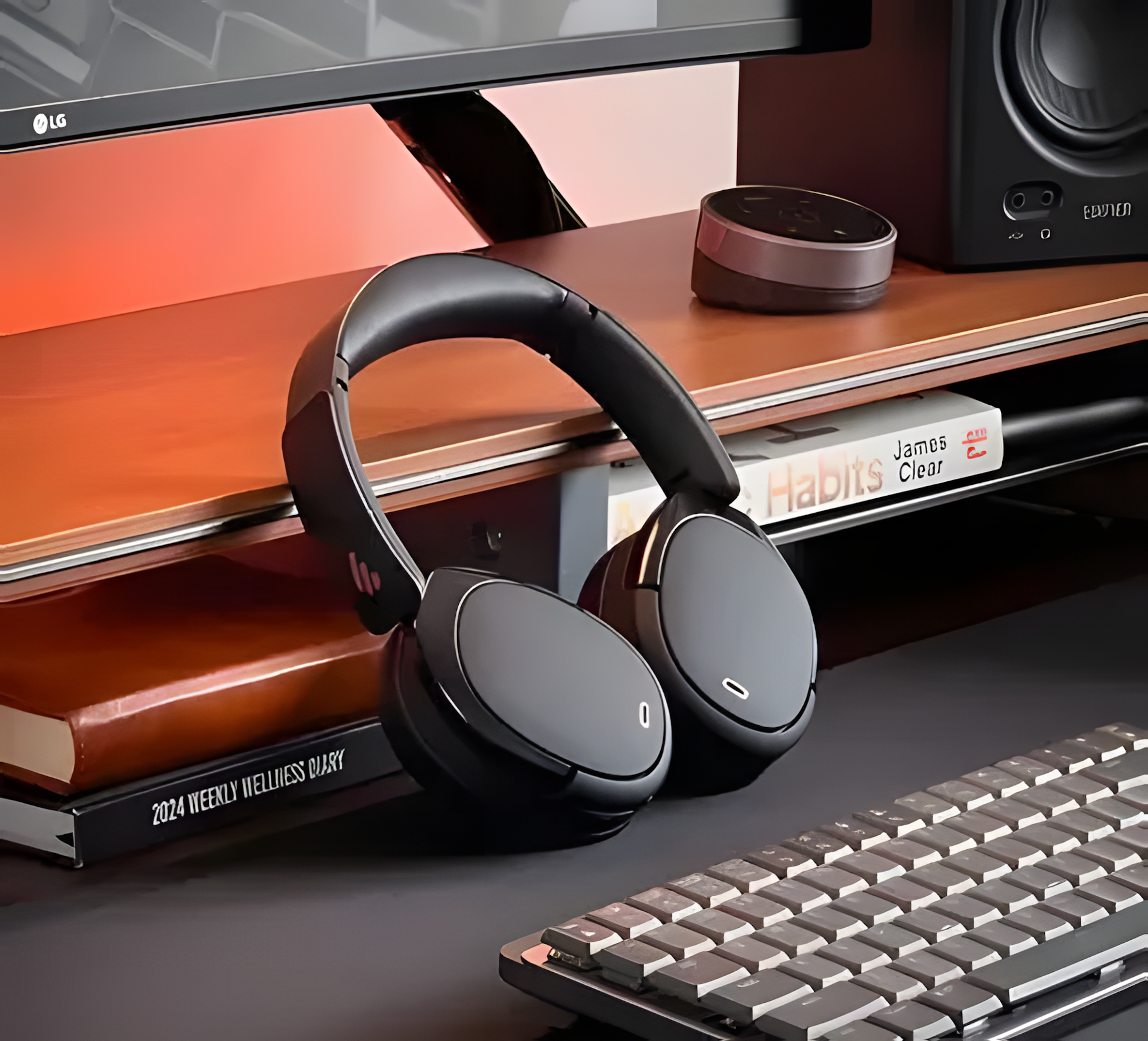 Беспроводные наушники Edifier WH950NB лежат на столе перед клавиатурой, на фоне монитор, колонки, книги и умная колонка на деревянной полке