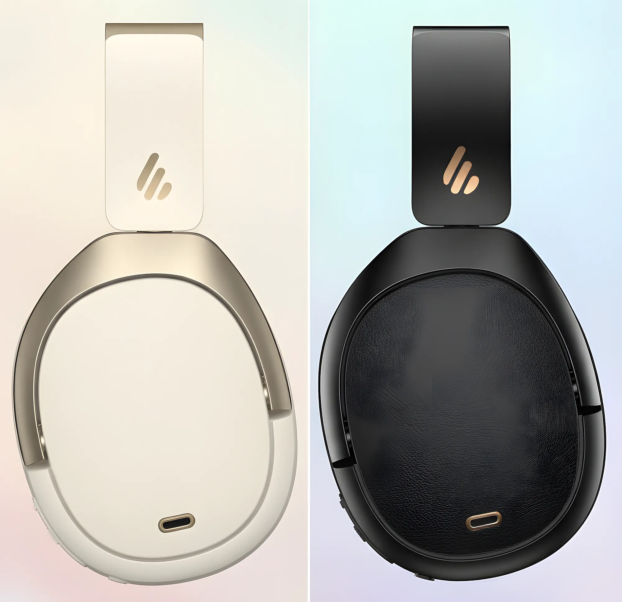 Две чашки беспроводных наушников Edifier WH950NB крупным планом: слева светлая версия, справа черная, обе на нейтральном градиентном фоне