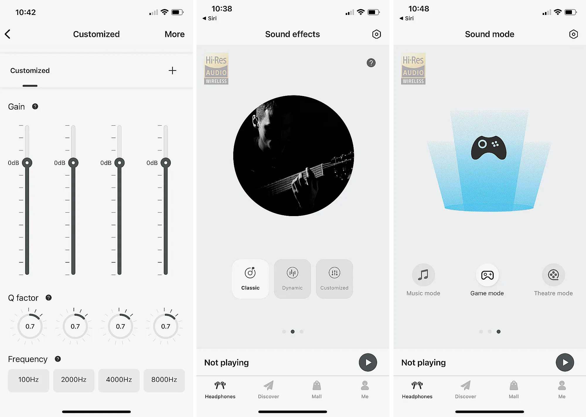 Edifier WH950NB скриншоты приложении Edifier Connect настройки звучания Три скриншота приложения Edifier Connect для WH950NB: слева эквалайзер с полосами и Q‑фактором, по центру выбор звуковых эффектов, справа режимы звучания Music/Game/Theatre.