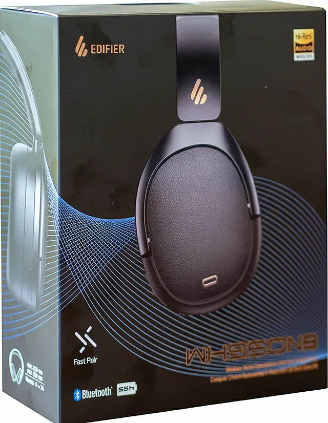 Коробка наушников Edifier WH950NB в анфас: крупное изображение чашки, логотипы бренда, Hi-Res Audio и Bluetooth, синие графические волны на фоне.
