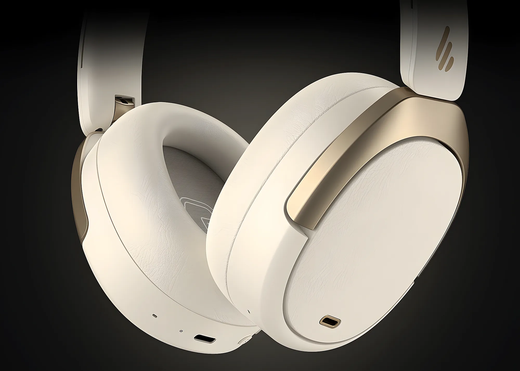Светлые накладные наушники Edifier WH950NB крупным планом, акцент на мягких овальных амбушюрах и золотистых дугах, фон темный градиент