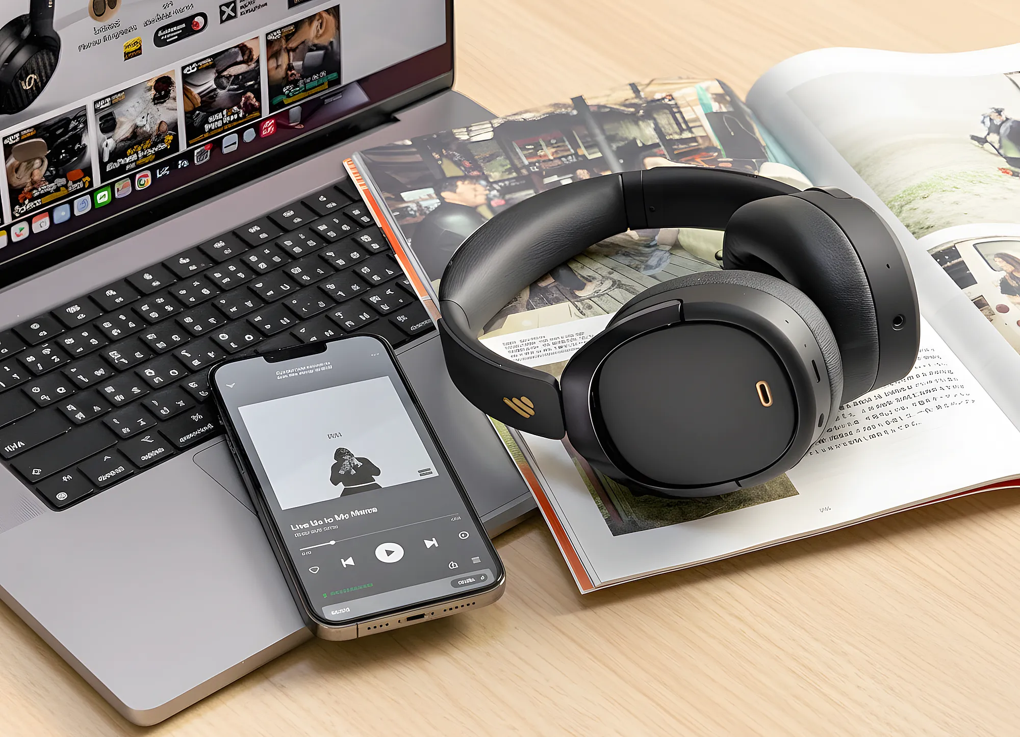 Беспроводные наушники Edifier WH950NB лежат на раскрытом журнале рядом с ноутбуком и смартфоном с открытым плеером на деревянном столе