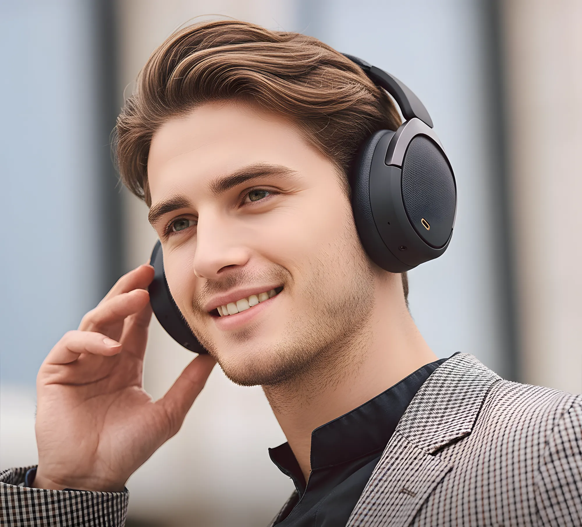 Мужчина в беспроводных наушниках Edifier WH950NB на улице, анфас по грудь, одной рукой касается чашки, фон мягко размытый городской фасад