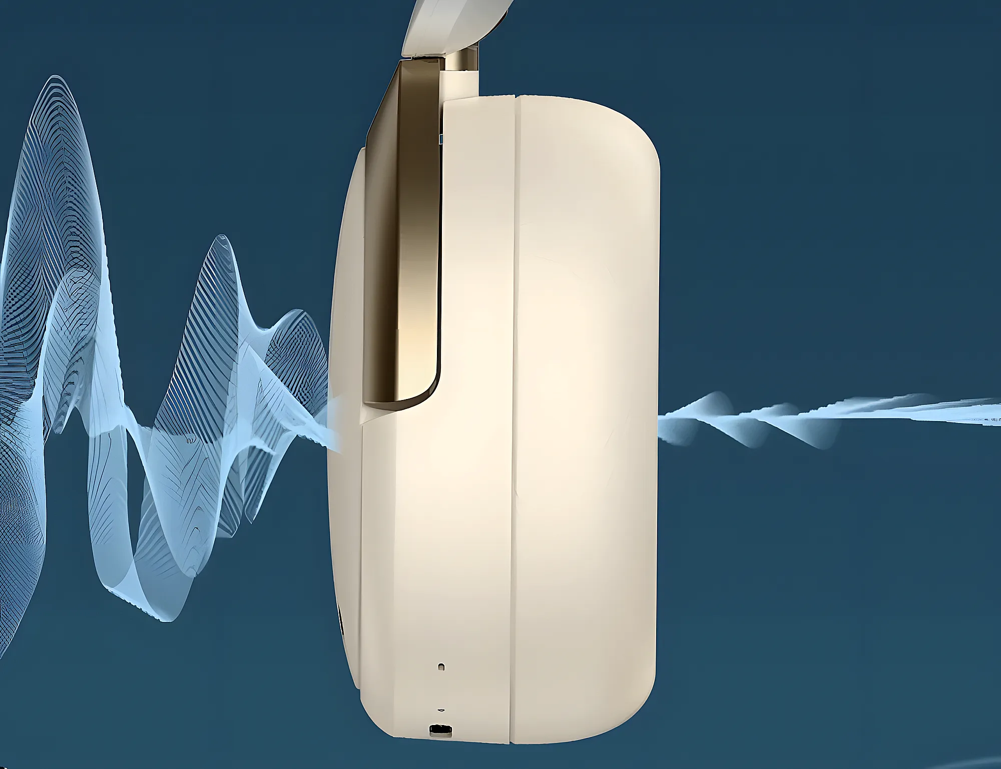 Боковой вид чашки светлых наушников Edifier WH950NB на синем фоне, вокруг визуализированы волны звука, иллюстрирующие работу активного шумоподавления.