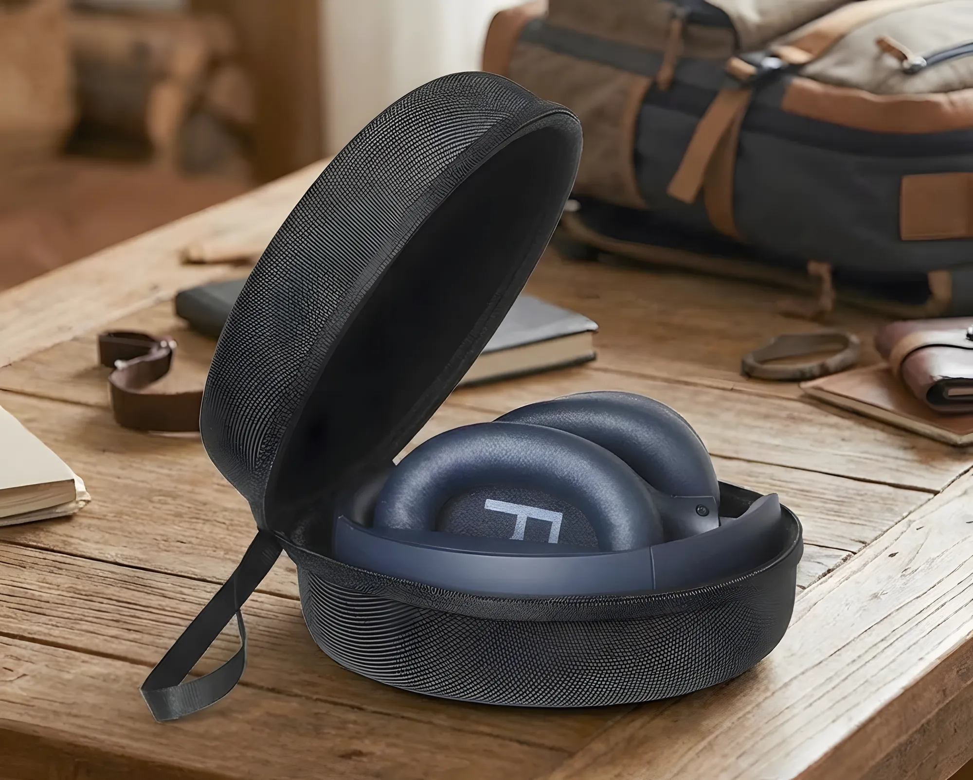 Жесткий дорожный чехол для полноразмерных наушников, раскрыт на деревянном столе, внутри аккуратно уложены сложенные наушники, вокруг лежат блокнот и сумка.