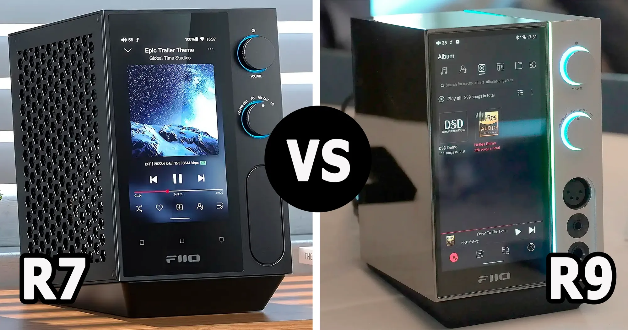 Сравнение FiiO R7 и FiiO R9: дисплеи, колеса управления и знак «VS».